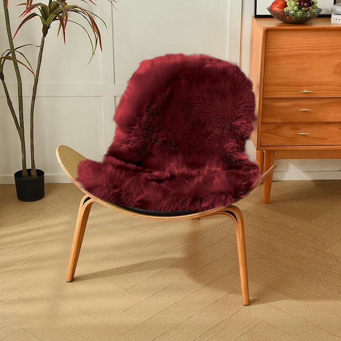 duduta Burgundy Sheepskin Throw Rug 2x3 ft, Fluffy Shag Faux Fur Seat Chair Covers Non Slip Washable