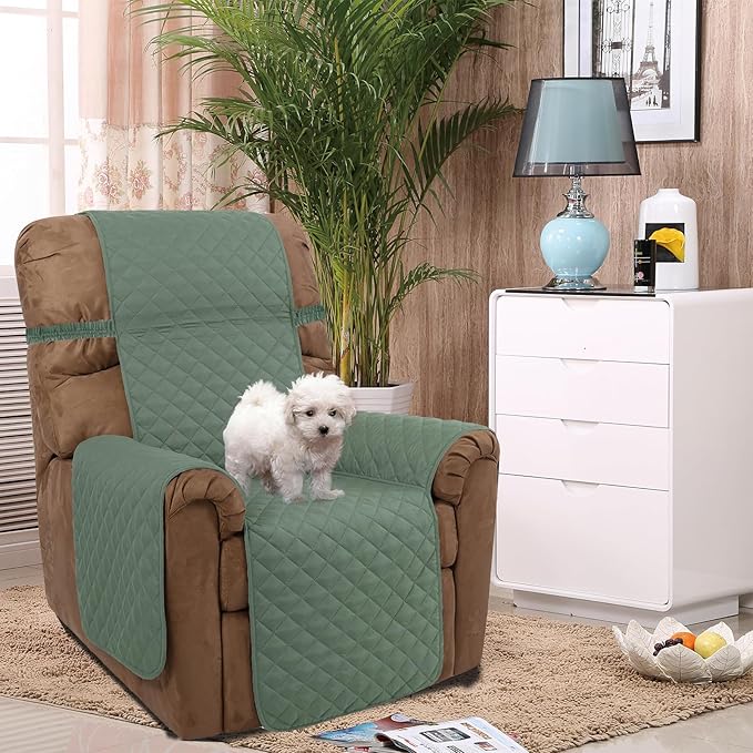 U-NICE HOME Recliner Chair Covers Reversible Quilted Water Repellent Pet Protectors with Elastic Straps (23''Recliner Small, Greyish Green/Taupe)