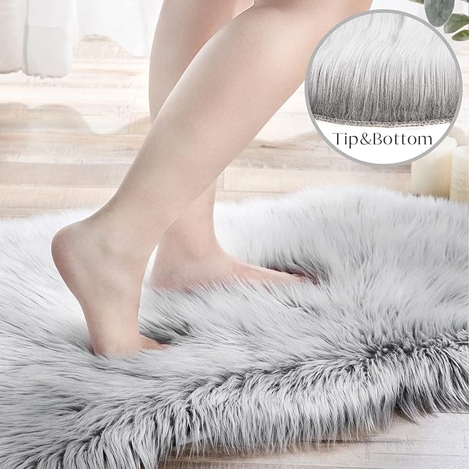 Ashler Faux Fur Rug - Fluffy Shaggy Area Rug, Ultra Soft 3 x 3 Feet Round, Frosted Bottom Gray Fuzzy Rug, Machine Washable, Nursery Decor Throw Rugs for Bedroom, Kids Room, Living Room