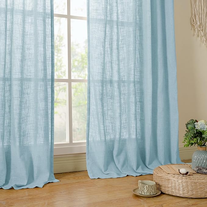 LAMIT 40 Inch Length Linen Curtains for Small Windows, Semi Sheer Light Filtering Panels Back Tab and Rod Pocket Country Decor Drapes for Basement/Kitchen, Stone Blue, 2 Panels, 34 x 40 Inch