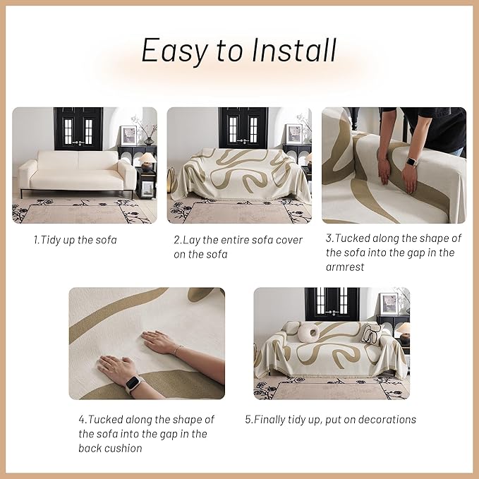 MYSKY HOME Couch Cover for 3 Cushion Couch Sofa Cover, Super Soft Boho Couch Covers for Dogs Washable, Jacquard Sofa Slipcover Furniture Protector for Living Room, 91" x 150", Khaki Curve
