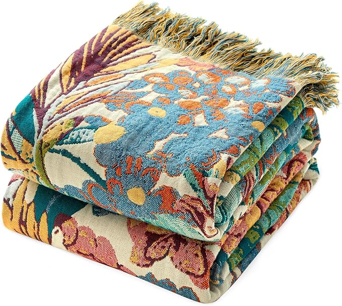 MSGKV Boho Throw Blanket for Bed Couch Twin Size Cotton Vine Blanket 60"x80" Couch Muslin Spring Breathable Lightweight Farmhouse Blankets for All Seasons Home Decor