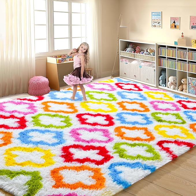 Tepook Fluffy Colorful Rug for Kids, Shaggy Soft Rainbow Area Rugs for Girls Bedroom, Indoor Modern Geometric Moroccan Rugs Plush Girls Kids Rug for Playroom Teens Room Nursery Home Decor, 4 X 6 ft