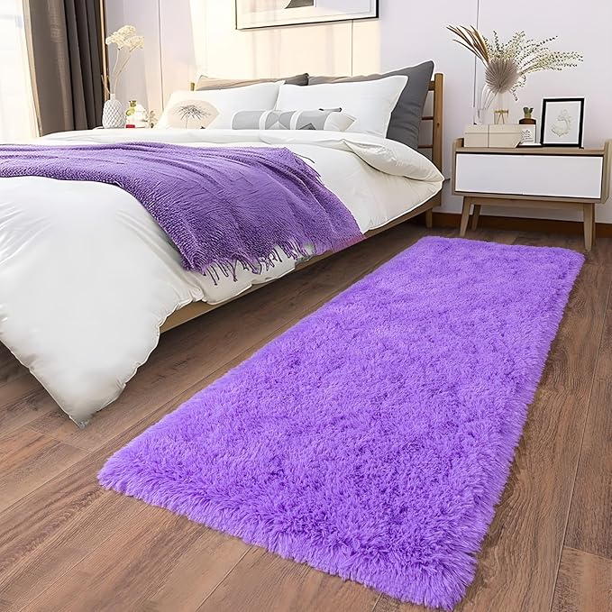 Ultra Soft Runner Rugs for Bedroom Hallways with Upgraded Non-Slip Rubber Backing & Thick Memory Sponge, 2 Packs 2x6 Feet Fluffy Shag Throw Area Rug for Bedside Dorm Light Purple