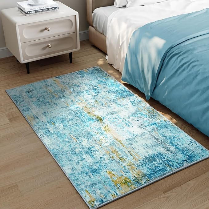 Entrance Rugs Indoor 2x3 Teal Blue Entry Rug Washable Abstract Small Area Rug Non-Slip Low Pile Throw Rugs for Entryway, Kitchen Floor, Front Door Indoor Door Mat, Bathroom, Bedroom Bedside