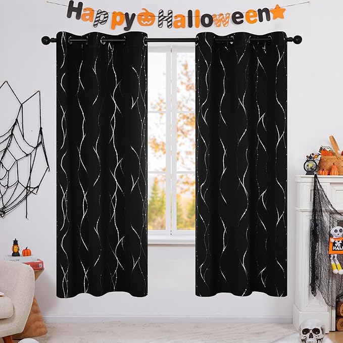 Deconovo Blackout Curtains 72 Inch Long 2 Panels, Black Drapes, Thermal Insulated Noise Reducting Privacy Curtain with Silver Print, Grommet Top, Machine Washable Window Panel for Living Room Office