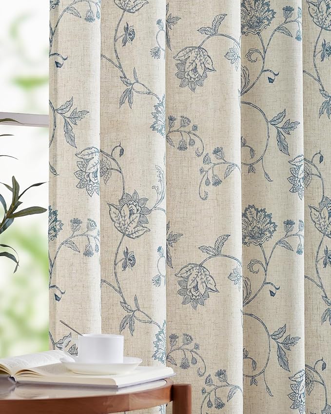 jinchan Linen Curtains Floral Curtains 63 Inch Length for Living Room Bedroom Light Filtering Rod Pocket Back Tab Jacobean Curtains Flax Linen Texture Window Drapes Set 2 Panels Blue on Linen