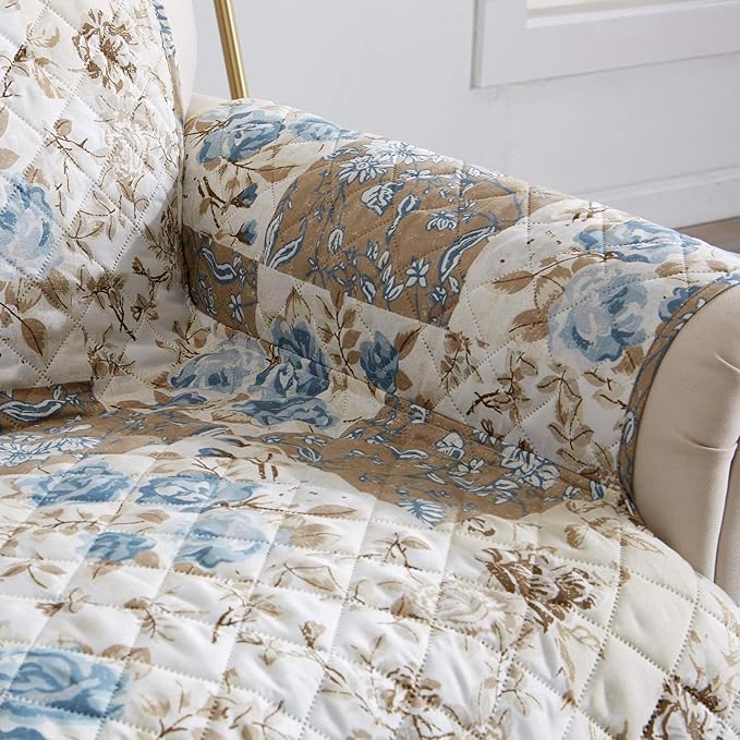 Great Bay Home Reversible Floral Patchwork Loveseat Furniture Protector - Machine Washable, Scalloped Edge, Stain Resistant, Printed Furniture Cover for Dogs, Kids, and Pets (Taupe/Blue)