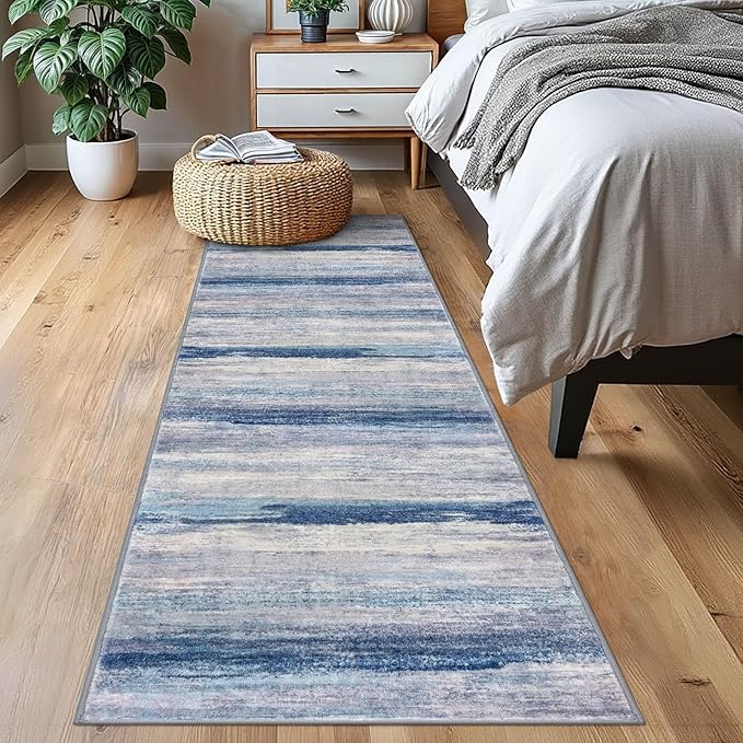 KOZYFLY Modern Abstract Washable Rug Runner 2x7 Hallway Runner Rug Non-Slip Soft Kitchen Runner Rugs, Print Blue/Grey/Beige Striped Carpet Runner for Entryway Bathroom Laundry Room Foyer