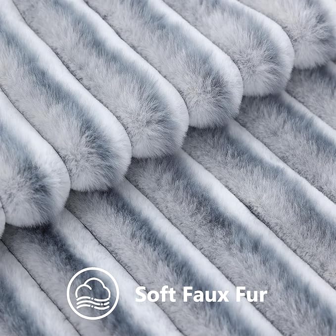 decorUhome Cozy Faux Fur Throw Pillow Covers 12x20 Set of 2 Decorative Soft Plush Striped Lumbar Modern Farmhouse Boho Couch Pillow Cases with Velvet Back for Sofa Bed Living Room, Grey White