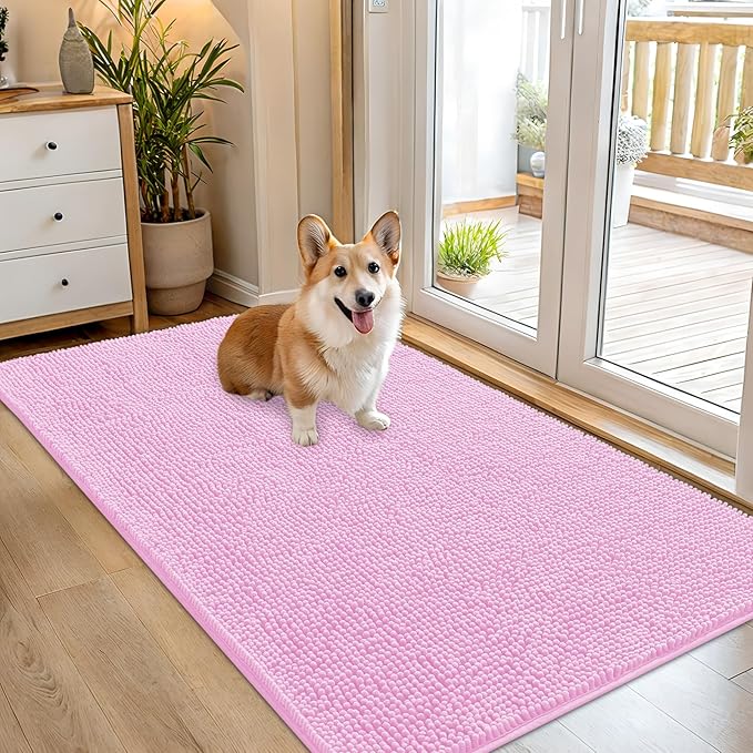 OLANLY Dog Door Mat for Muddy Paws 54x32, Absorbs Moisture and Dirt, Absorbent Non-Slip Washable Doormat, Quick Dry Chenille Mud Mat for Dogs, Entry Indoor Entryway Carpet for Inside Floor, Pink