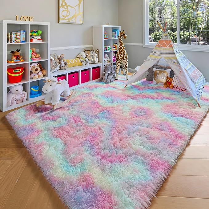 ONASAR Rainbow Area Rugs for Girls Bedroom, 4x6 Fluffy Bedside Colorful Rug, Cute Soft Plush Shaggy Princess Fuzzy Indoor Floor Carpet for Nursery Kids Baby Teen Dorm Playroom Home Decor Aesthetic