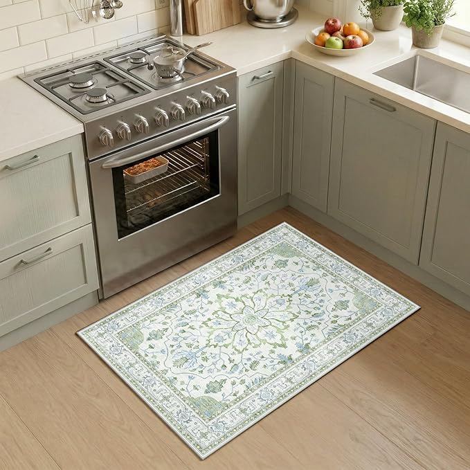 Area Rugs 2'x3' Kitchen Rugs Entry Rug Small Rugs for Entryway Kitchen Bathroom Door Mat Indoor Entrance,Washable Non Slip, Green White Blue