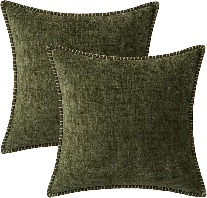 MIULEE Pack of 2 Couch Throw Pillow Covers 16x16 Inch Olive Green Farmhouse Decorative Pillow Covers with Stitched Edge Soft Chenille Solid Dyed Spring Pillow Covers for Sofa Bed Living Room