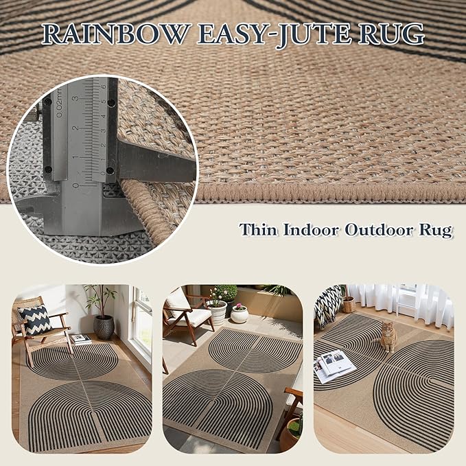 Lahome Enfys Modern Rainbow Easy Jute Office Rug, Outdoor Patio Rug 4x6 for Living Room Washable Carpet for Bedroom, Farmhouse Contemporary Non Slip Non Shedding Black Carpet for Backyard