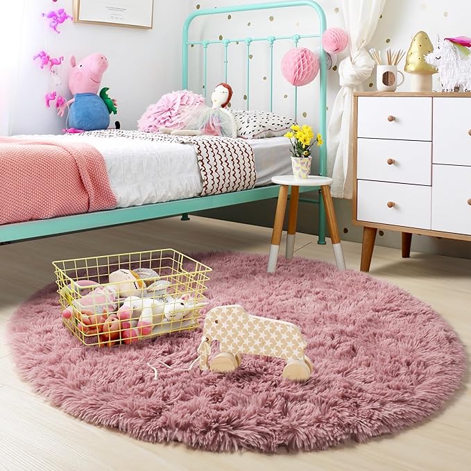 Amdrebio Blush Fluffy Round Rug 4Ft for Bedroom, Fuzzy Furry Circle Area Rugs for Kids Room Decor Aesthetic, Shaggy Circular Carpet for Girls Nursery Dorm Baby Teen, Cute Neutral Dusty Rose Mauve Rug