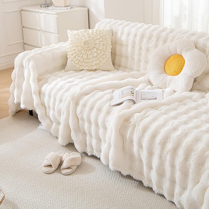 HANDONTIME White Sofa Covers Dog Couch Cover Rabbit Plush L Shaped Couch Covers Faux Fur Sofa Slipcovers for 3 Seat Cushion Couches Shaggy Couch Cover Blanket Washable Thick Soft, 71" X118"
