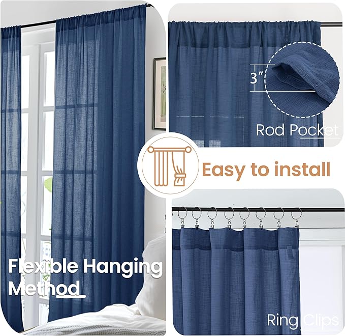 Curtain Panels in Navy Linen Blend, Light Filtering, Set of 2