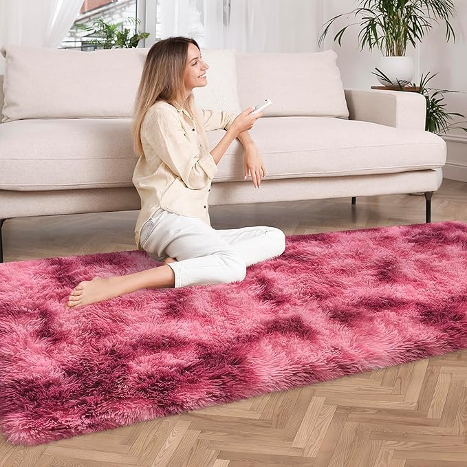 Tie-Dyed Red 2x6 Machine Washable Runner Rugs for Hallway Soft Fluffy Shaggy Bedside Rugs for Bedroom Living Room Indoor Floor Carpet for Kids Girls and Boys Nursery Rooms Home Decor Aesthetic