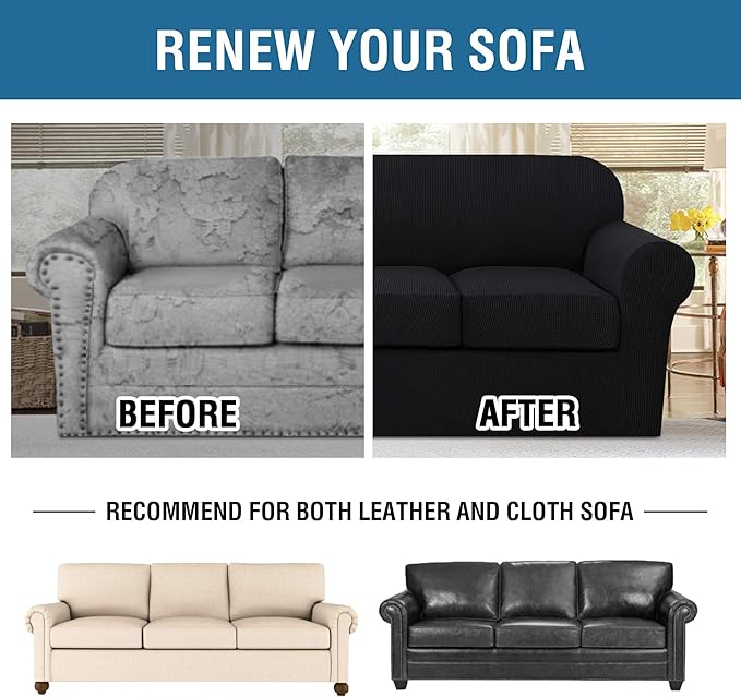 H.VERSAILTEX 4 Piece Stretch Sofa Covers for 3 Cushion Couch Covers for Living Room Furniture Slipcovers (Base Cover Plus 3 Seat Cushion Covers) Upgraded Thicker Jacquard Fabric (Large, Black)