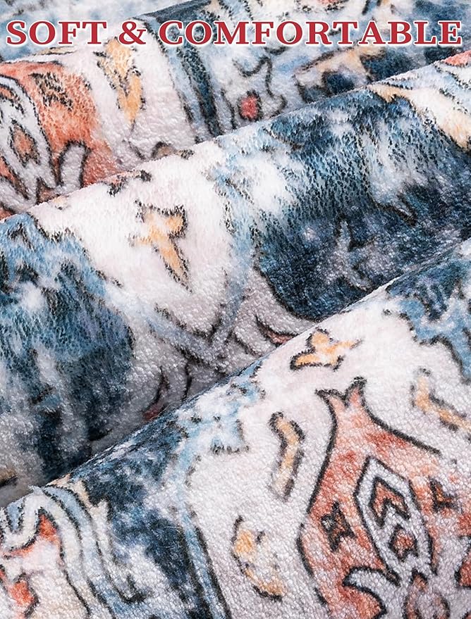 SERISSA Runner Rug for Hallways, 2'6"x14' Washable Non Slip Kitchen Runner Rug, Extra Long Boho Rug Ultra Soft Vintage Blue Orange Floor Carpet for Bedroom Hallway Entryway Bathroom Laundry Room
