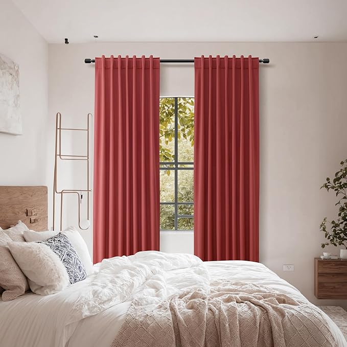 Guken Red 100% Blackout Linen Curtains 102 Inch Length 2 Panels Set for Living Room Bedroom Back Tab Thermal Insulated Black Out Drapes Room Darkening Farmhouse Window Curtains 102 Inches Long