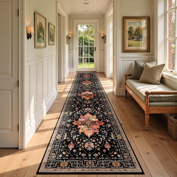 RELEANY Area Rugs 3'x12' Runner Rug Non Slip Washable for Kitchen Hallway Bedroom Beside Laundry Room Bathroom Rug, Floor Carpet, Black Colorful Floral Dark Tan