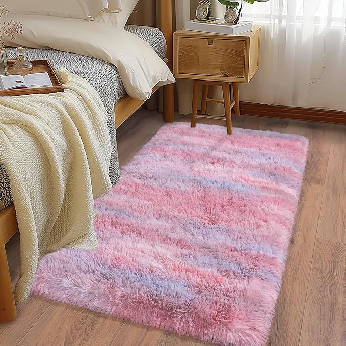 Soft Runner Rugs for Bedroom Hallways, 2x4 Abstract Pink Fluffy Shag Throw Area Rug Non Slip for Bedside Dorm, Long Shaggy Furry Carpet for Nursery Living Room