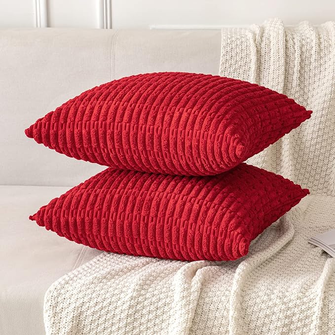 MIULEE Pack of 2 Red Corduroy Decorative Pillow Covers 12x12 Inch Soft Boho Striped Throw Pillow Covers Modern Farmhouse Home Decor for Sofa Living Room Couch Bed