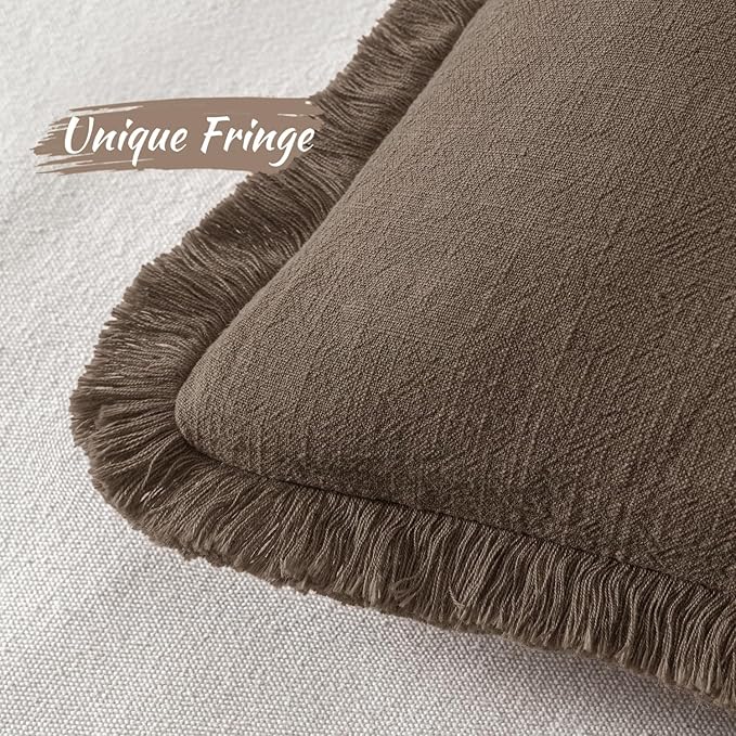 MIULEE Decorative Throw Pillow Covers Neutral Linen Fringe Throw Pillows Euro Shams Set of 2 Chocolate Brown Boho Farmhouse Cushion Covers for Couch Sofa Bed Living Room Spring Home Decor 26x26 Inch