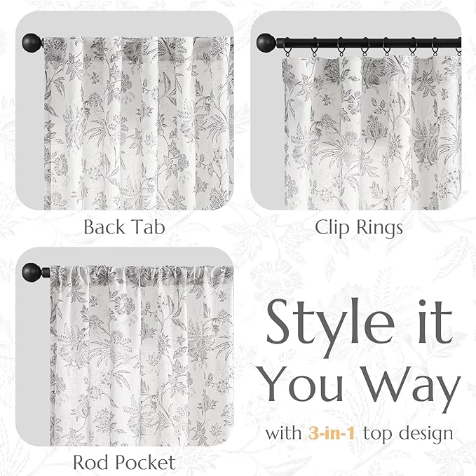 jinchan Linen Floral Curtains for Living Room, 84 Inch Length Curtains with Printed Flower Light Filtering Curtain, Rod Pocket Back Tab Gray Window Curtain Set, 2 Panels Light Grey on White