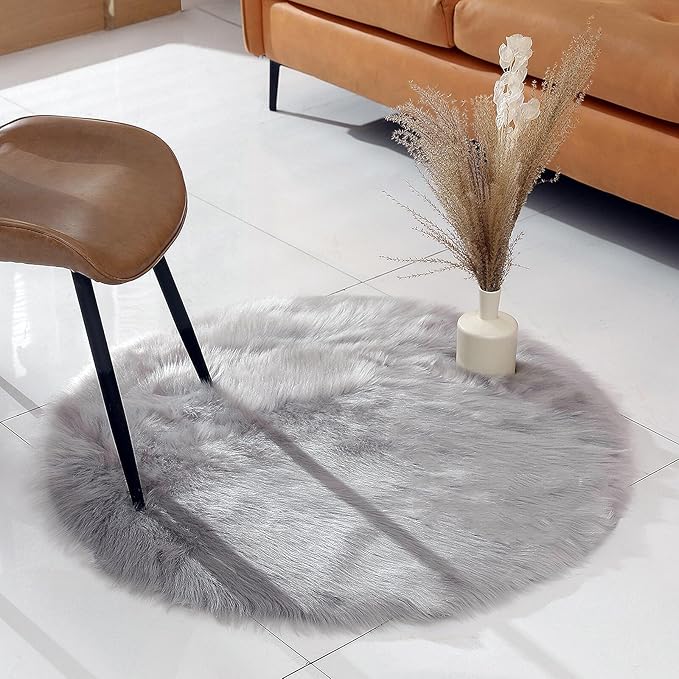 linmopm Faux Fur Rug Sheepskin Shag Fluffy Fuzzy Grey 3x3 ft Rugs for Bedroom Bedside Bed Floor Living Room Plush Round High-Density Cushion Carpet Super Sofa Cover