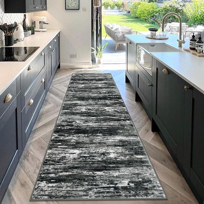 KOZYFLY 3x10 Ft Rug Modern Ombre Runner Rug for Hallway, Washable Kitchen Rugs Non-Slip Soft Striped Entryway Rug, Print Black Grey Abstract Carpet for Laundry Nursery