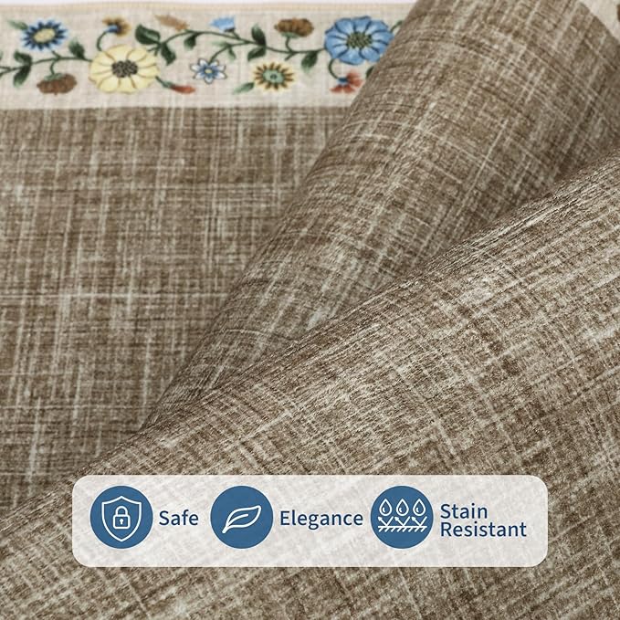 GarveeHome Washable Living Room Rug 9x12 Floral Bordered Area Rugs Soft Thin Indoor Carpet for Bedroom Modern Throw Aesthetic Mat Non Slip Stain Resistant Carpet for Dining Room Office, Dark Camel