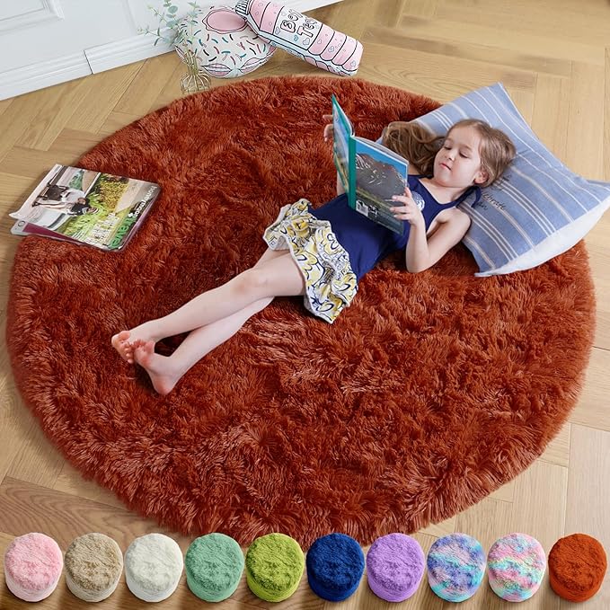 Amdrebio Terracotta Rust Round Circle Rug 5Ft for Bedroom Living Room, Fluffy Fuzzy Shaggy Furry Area Rugs for Kids Room Decor Aesthetic, Cute Plush Shag Rustic Carpet for Nursery Dorm Classroom