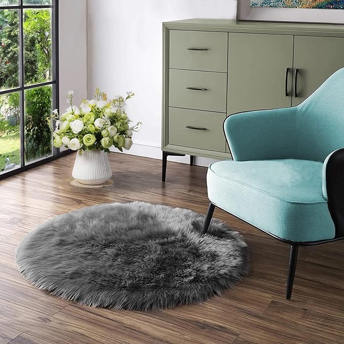 Latepis Dark Grey Round Rugs 4ft Circle Faux Fur Rug Washable Fluffy Furry Boho Rug Sheep Skin Rugs for Bedroom Room Decor