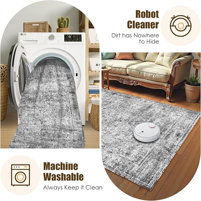 Washable Area Rug 4' x 6' Vintage Traditional Persian Mat - Foldable Distressed Non-Slip Machine Washable Carpet for Living Room Bedroom Kitchen Home Decor - Graphite and Mist