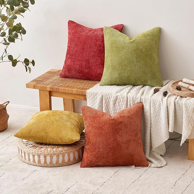 MIULEE Pack of 4 Burnt Orange Couch Throw Pillow Covers 18x18 Inch Yellow Green Soft Decorative Chenille Pillows Farmhouse Accent Cushions for Boho Home Decor Spring Sofa Bedroom Living Room