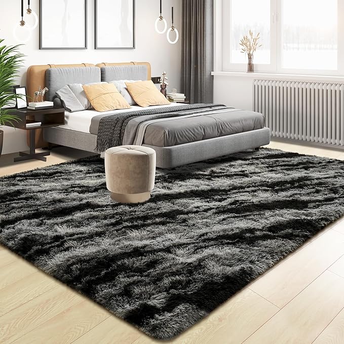 Tepook Area Rugs 9x12 for Living Room, Super Soft Fluffy Rugs for Bedroom, Modern Shaggy Rug Fuzzy Carpets for Kids, Plush Indoor Nursery Home Decor Rug with Non-Slip Bottom, Black Grey
