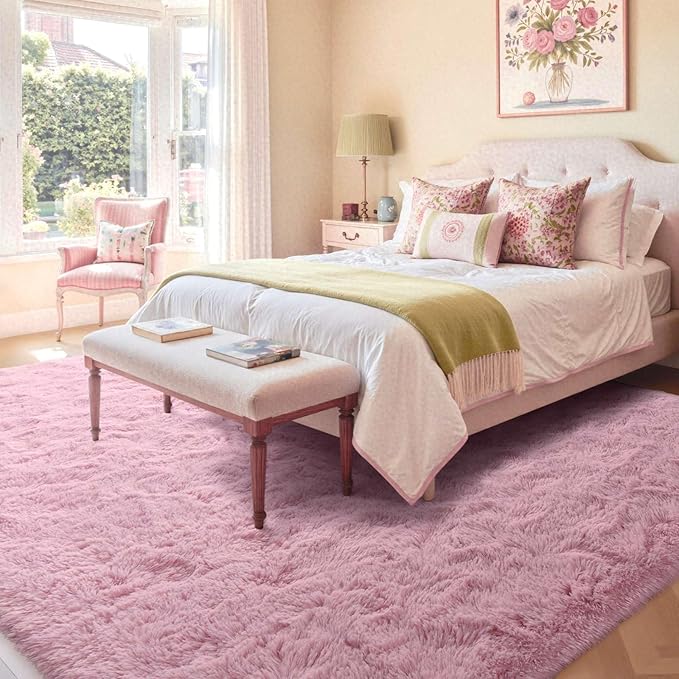 6x9 Ft Large Pink Rugs for Living Room Girls, Shag Fluffy Area Rug for Bedroom, Ultra Soft Furry Rug Indoor Carpet for Kids Room Nursery Home Decor