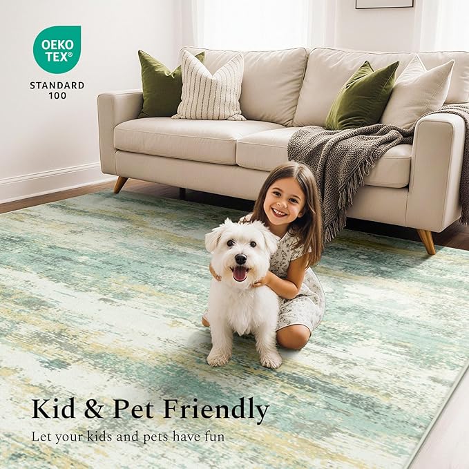 Rugflix 8x10 Area Rugs for Living Room, Washable Large Rug Stain-Resistant Low Pile, Modern Carpet for Dining Room Home Office Kid Room Nursery Bedroom, Light Green
