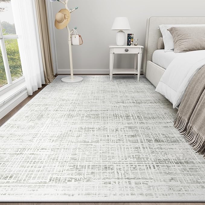 10x14 Area Rugs for Living Room Washable Rug: Anti-Skid Abstract Modern Living Room Rug Soft Thin Carpets Indoor Floor Non-Shedding Carpet for Bedroom Dining Farmhouse Nursery Home Office White Gray