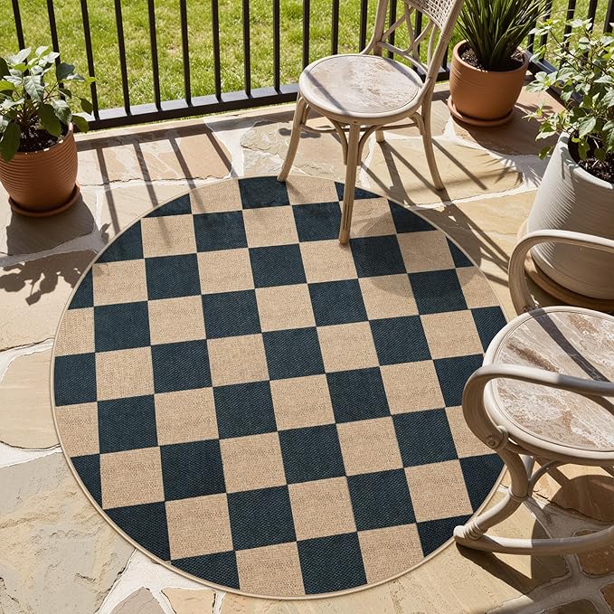 Lahome Colette Checkered 4 ft Easy Jute Round Rug, Washable Small Rugs for Entryway Patio, Farmhouse Non Slip Non Shedding Indoor Outdoor Circle Carpet for Kitchen Porch