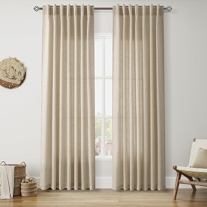 Nanspring Taupe Burlywood Linen Curtains 84 Inch Length for Living Room Rustic Farmhouse Light Filtering Semi Sheer Curtain Back Tab Privacy Burlap Drapes for Bedroom Office 52x84, 2 Panels