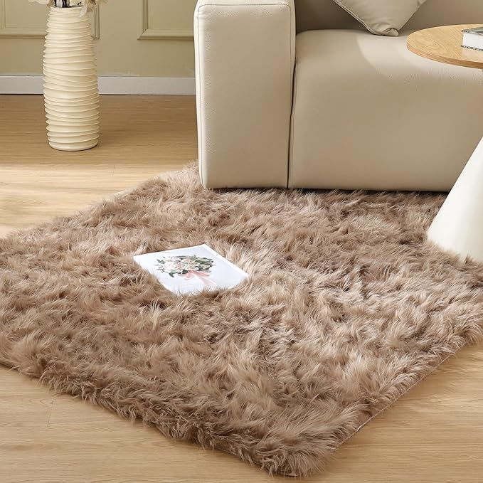 ORINOVA Beige Furry Washable Faux Sheepskin Fur Rug for Living Room Bedroom Fluffy Area Rug 4x6 Rectangle Rug Nursery Decor