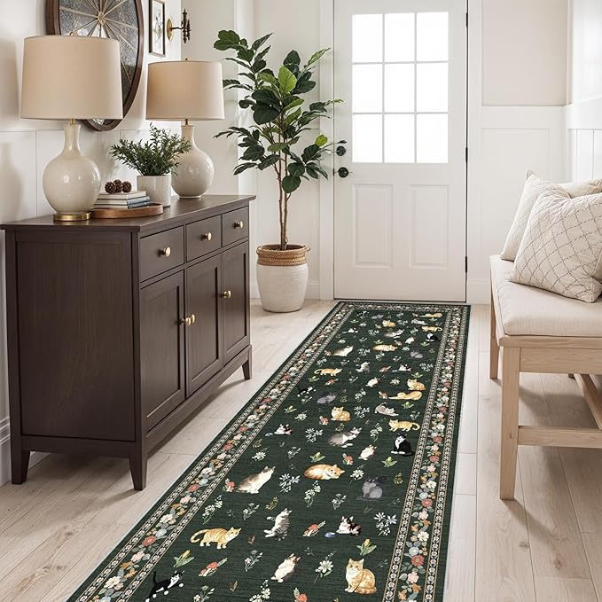 2'6"x8' Washable Kitchen Runner Rug - Soft Low Pile Floral Animal Cat Print Rugs with Non-Slip Backing Waterproof Stain-Resistant Indoor Carpet for Hallway Entryway Bathroom Bedroom (Sage Green)
