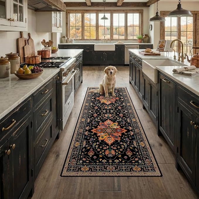 RELEANY Area Rugs 2'x6' Runner Rug Non Slip Washable for Kitchen Hallway Bedroom Beside Laundry Room Bathroom Rug, Floor Carpet, Black Colorful Floral Dark Tan