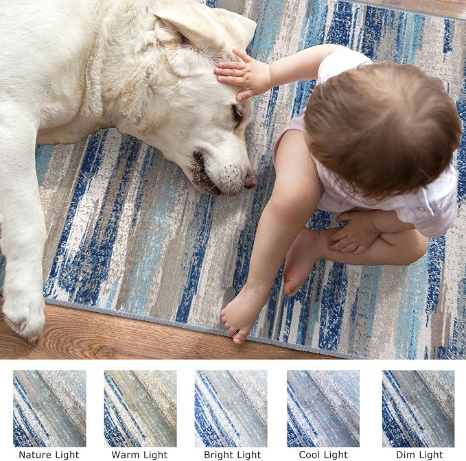 Lansny Modern Abstract Kitchen Rug Set of 2, 2x3 and 2x6 Blue Washable Rug Runner Non Slip Kitchen Mat, Soft Faux Wool Throw Carpet for Entryway, Hallway, Bedroom, Bedside, Laundry Room, Office