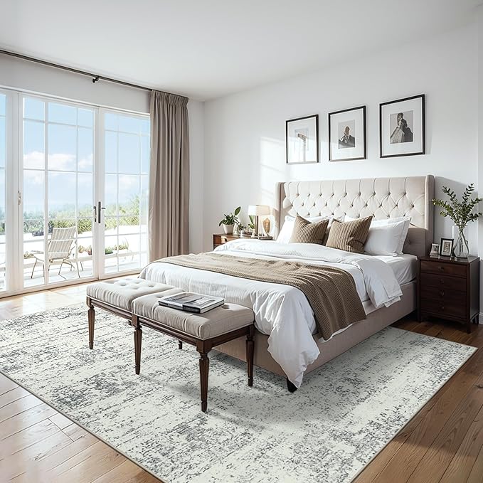Area Rugs 9x12 Living Room - Washable Rug Modern Abstract Soft Large Neutral Non-Slip Carpet Indoor Floor Stain Resistant Thin Carpets for Bedroom Dining Room Farmhouse Nursery Home Office Grey