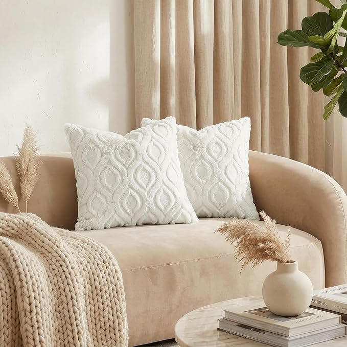 decorUhome Throw Pillow Covers 26x26 Inch Set of 2, Soft Plush Decorative Faux Fur Cream White Solid Couch Pillow Covers, Accent Farmhouse Neutral Square Euro Pillow Cases for Sofa Bed Living Room